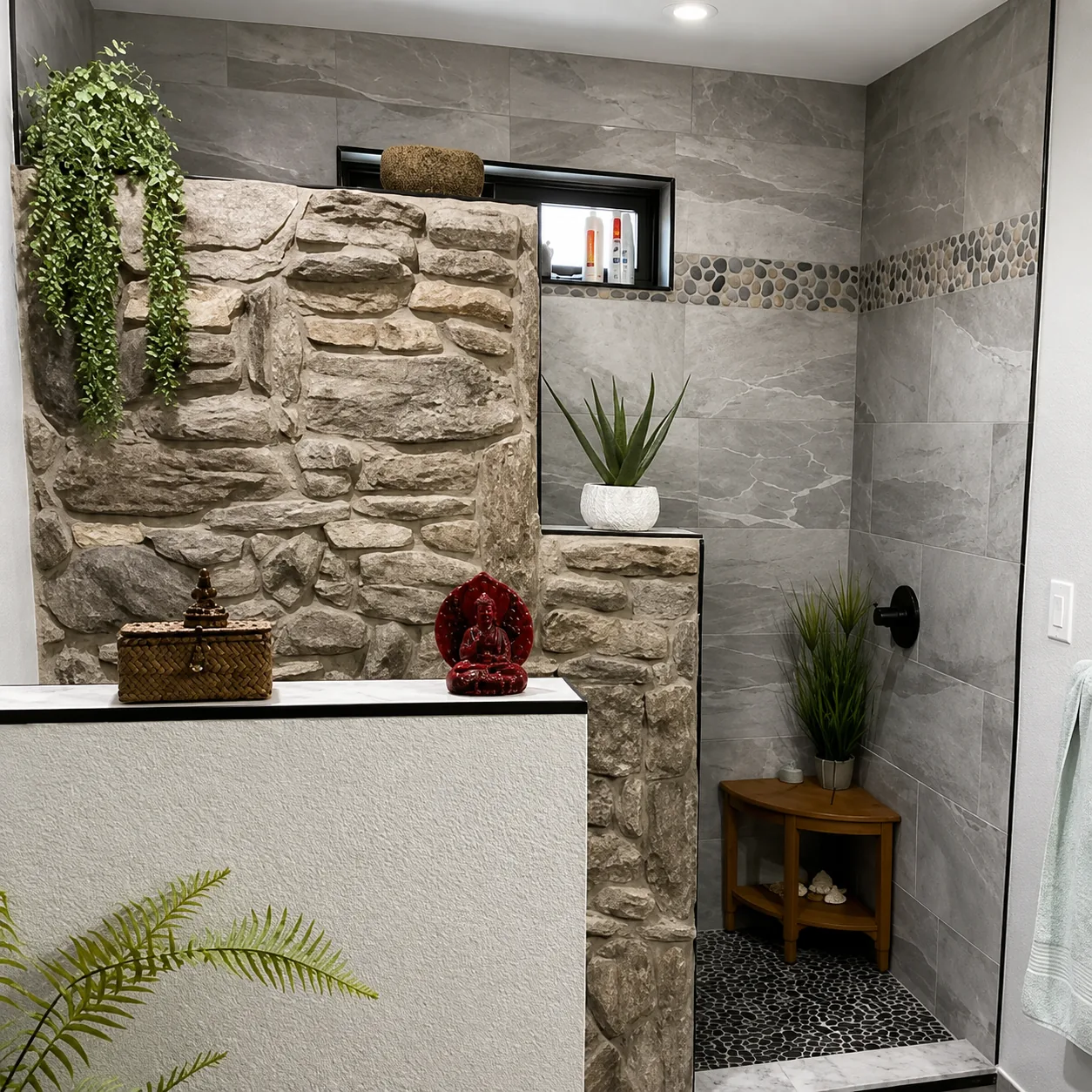 Bathroom remodel with stone feature wall and tile shower by L&J in Cañon City, Colorado